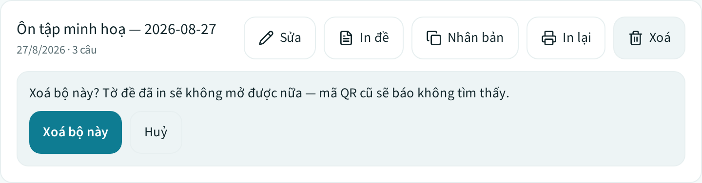 Hộp xác nhận xoá hiện ngay trong hàng của bộ