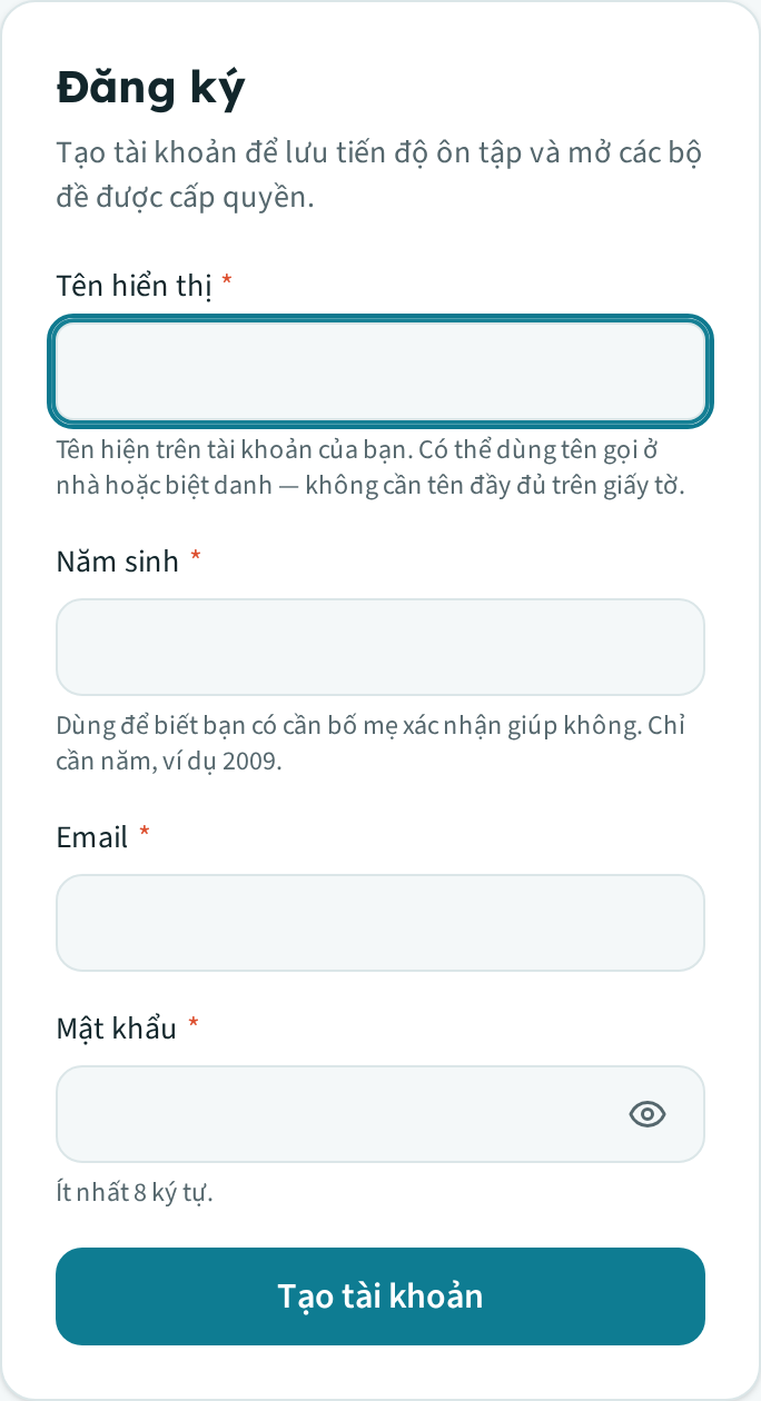 Biểu mẫu đăng ký: Tên hiển thị, Năm sinh, Email, Mật khẩu, và nút "Tạo tài khoản"