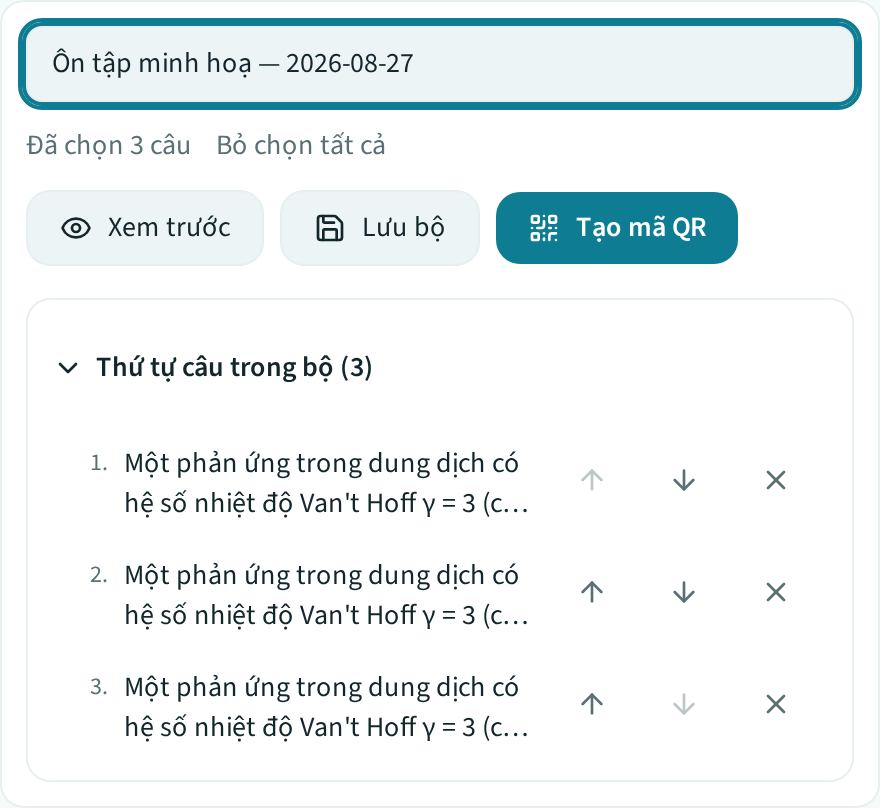 Cột phải: ô tiêu đề bộ đã điền, dòng "Đã chọn 3 câu", các nút Xem trước / Lưu bộ / Tạo mã QR