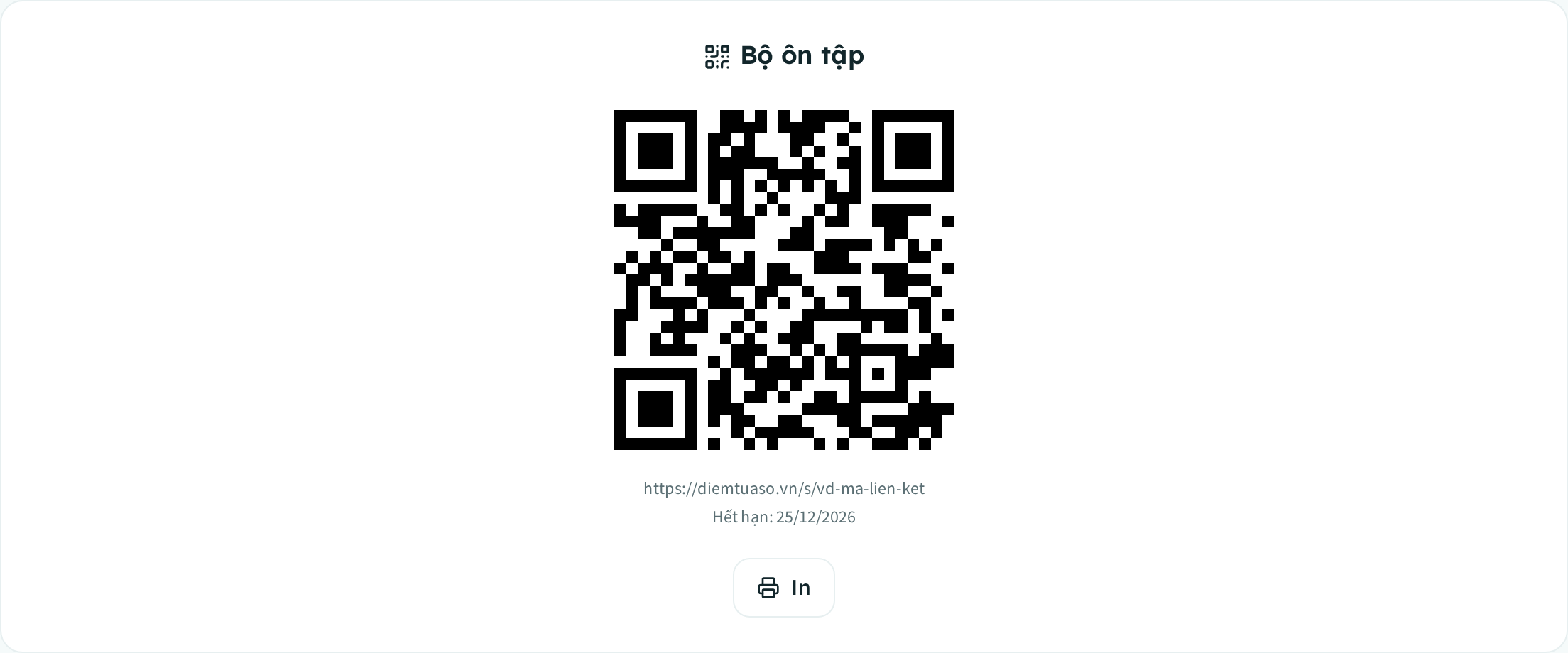 Thẻ kết quả: mã QR của bộ ôn tập kèm đường liên kết và nút In