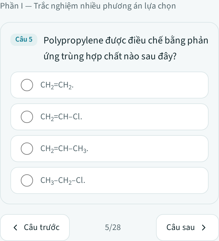 Một câu trắc nghiệm đã chọn đáp án, với hai nút "Câu trước" và "Câu sau" để chuyển câu