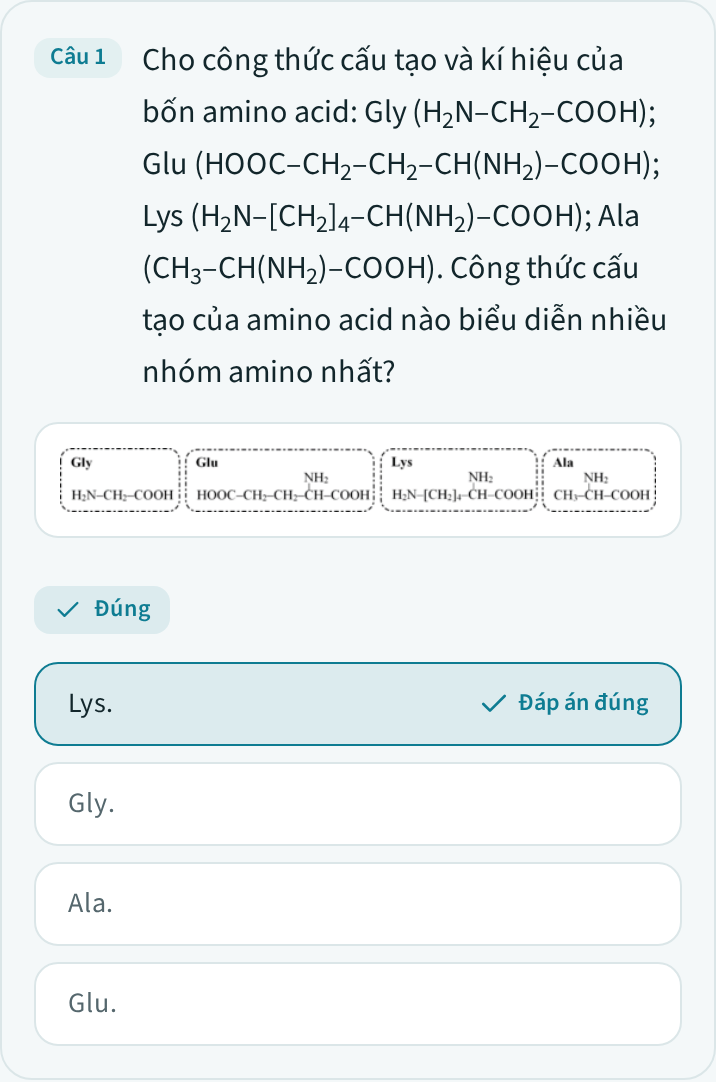 Phần xem lại: câu vừa làm hiện kết quả đúng/sai và đánh dấu "Đáp án đúng"