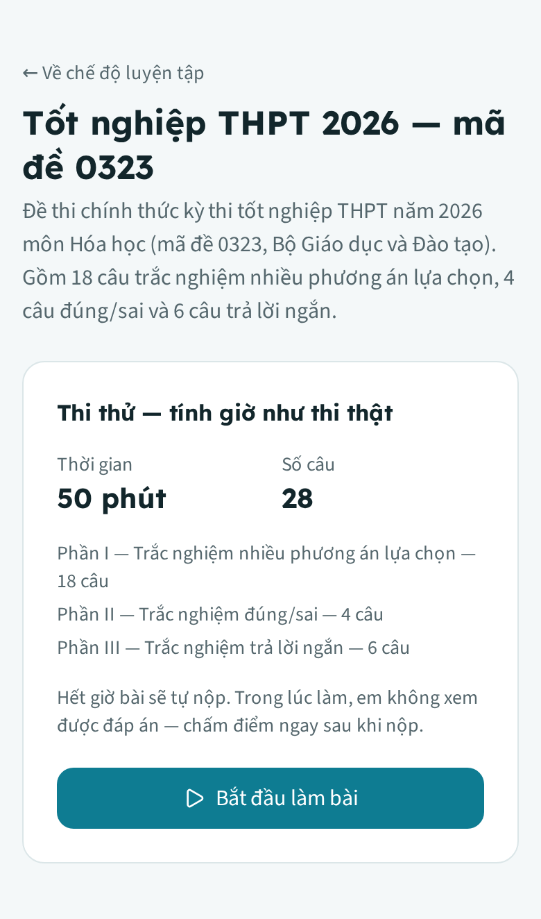 Màn hình trước khi thi thử: thời gian làm bài, số câu, và nút "Bắt đầu làm bài"