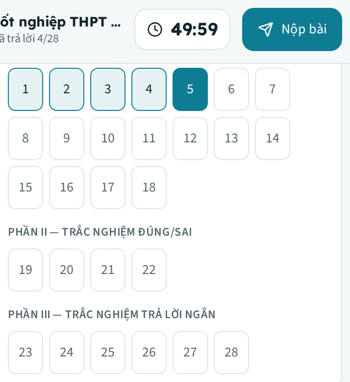 Đồng hồ đếm ngược, dòng "Đã trả lời", nút "Nộp bài" và bảng số câu bên dưới