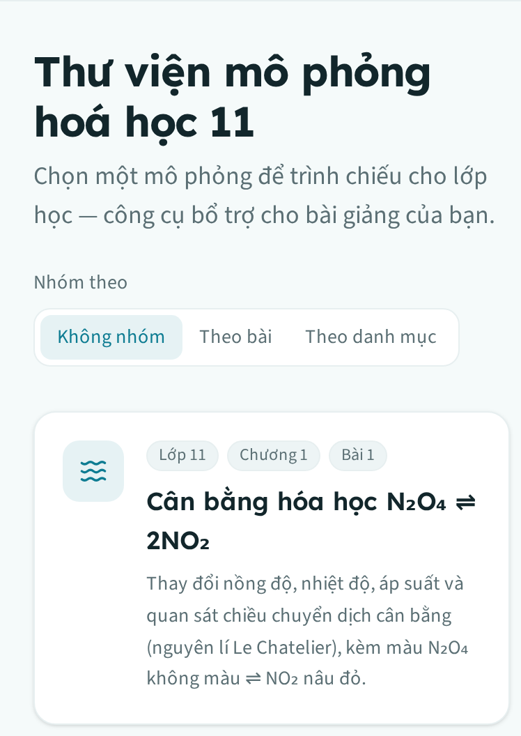 Ô "Tìm mô phỏng…" ở đầu thư viện môn, ngay trên thẻ mô phỏng đầu tiên